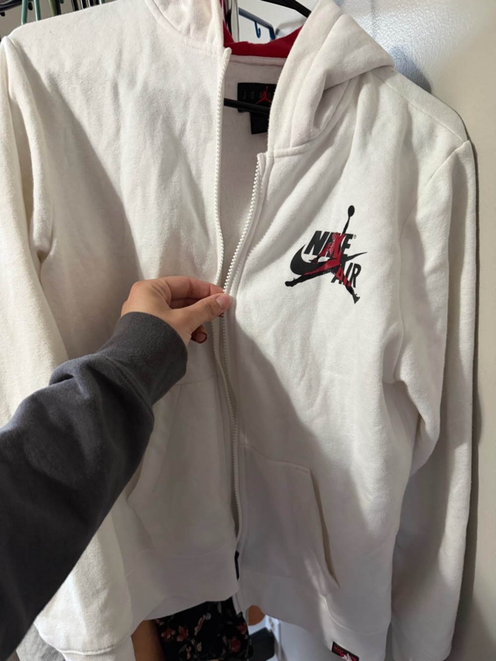 Jordan White Hoodie with Black Tag and Red Jumpman